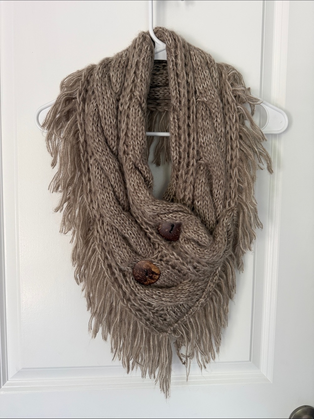 Cozy Fringe Knit Infinity Scarf with Button Detail - Taupe